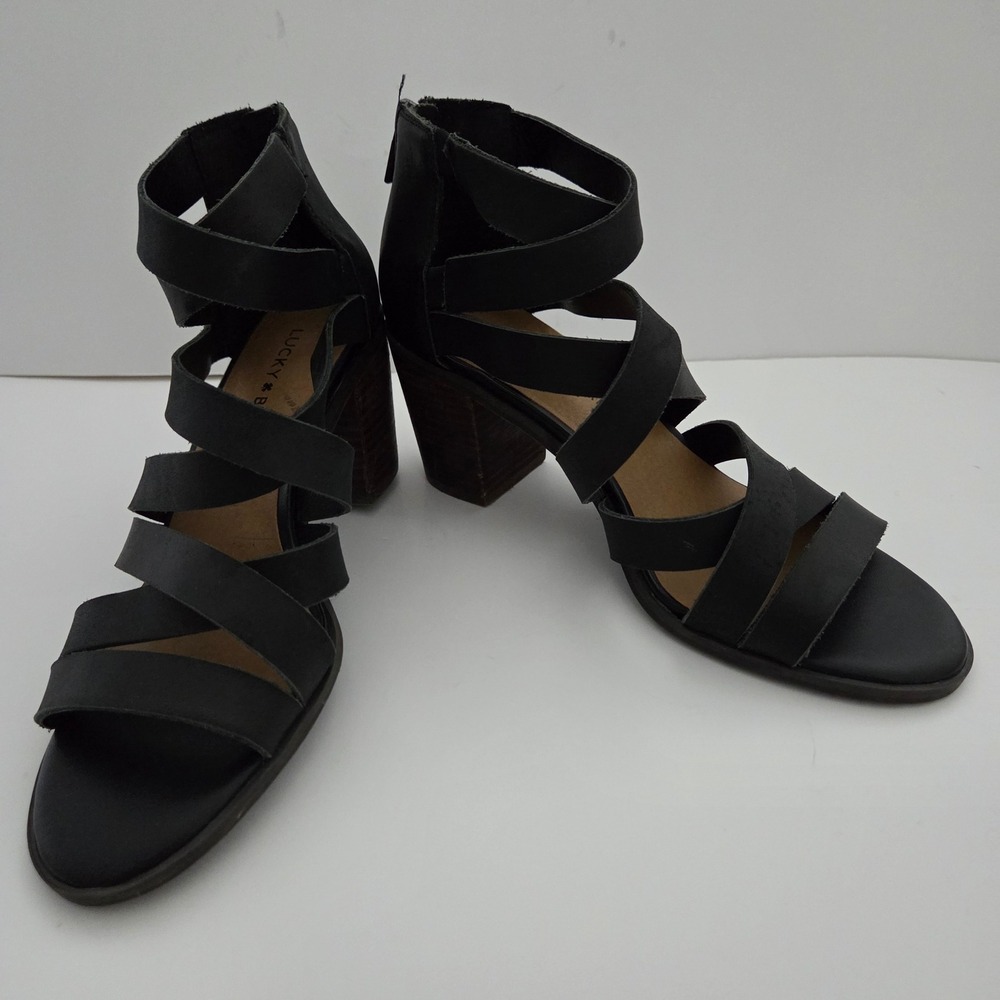 Lucky Brand Black Leather Strappy Zipper Block Heel Sandals‎ Womens 8M
